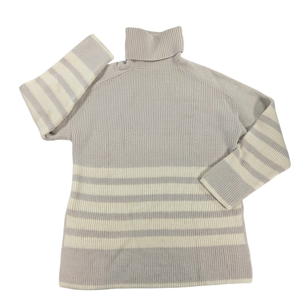 COS Women Small Beige Striped Turtleneck Sweater Wool Cotton Ribbed Knit Scandi